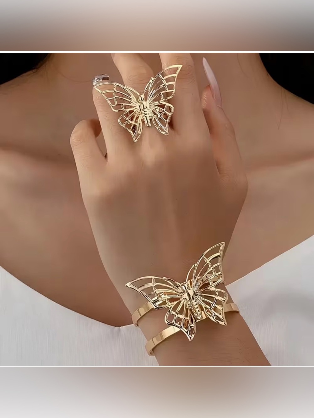 Gold Butterfly Statement Bracelet and Ring Set - Women Jewelry